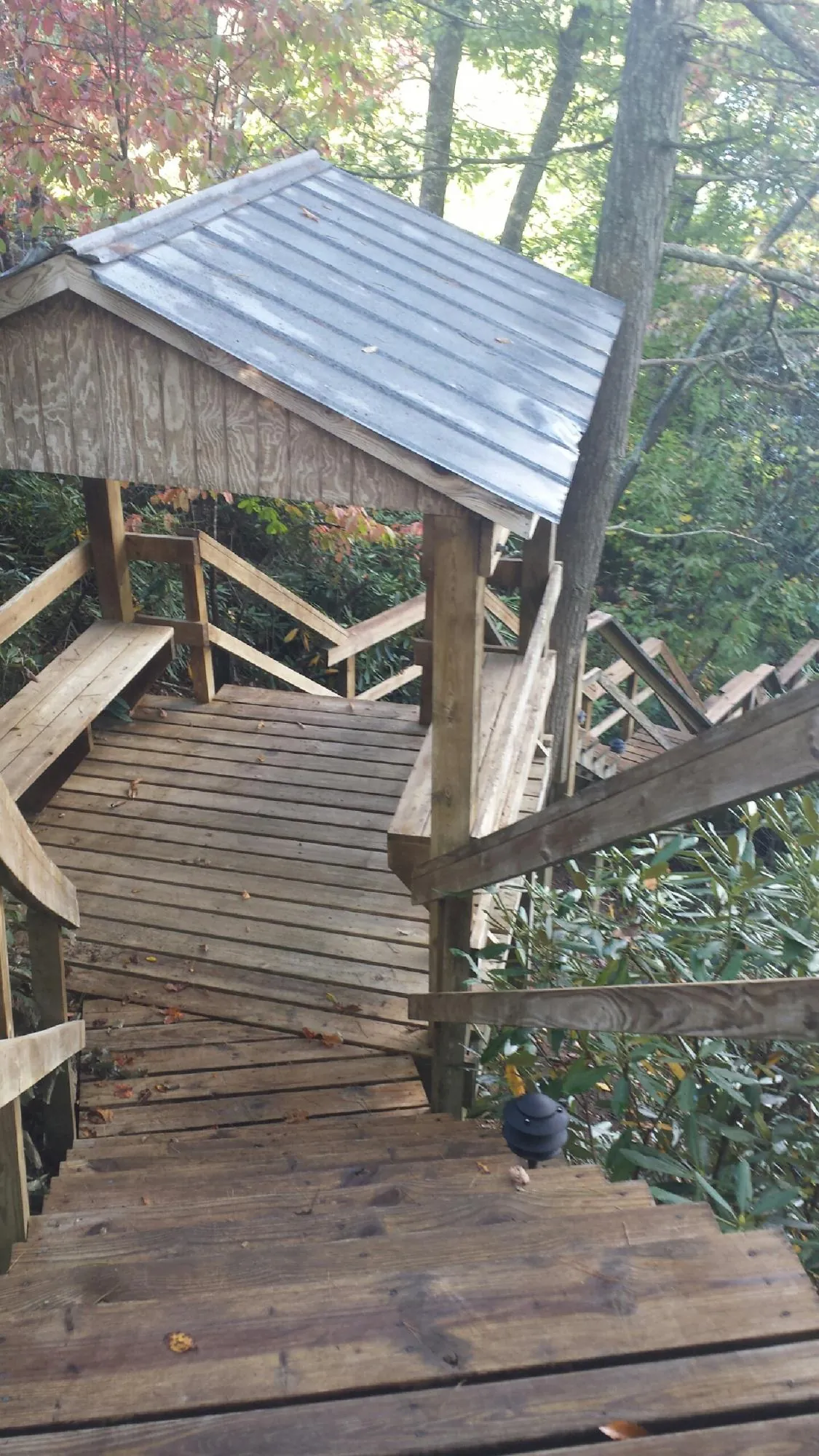 Metal roofed shelter over wooden steps on a wooded walkway — Skylight Repair & Installation work by our crew in Paris